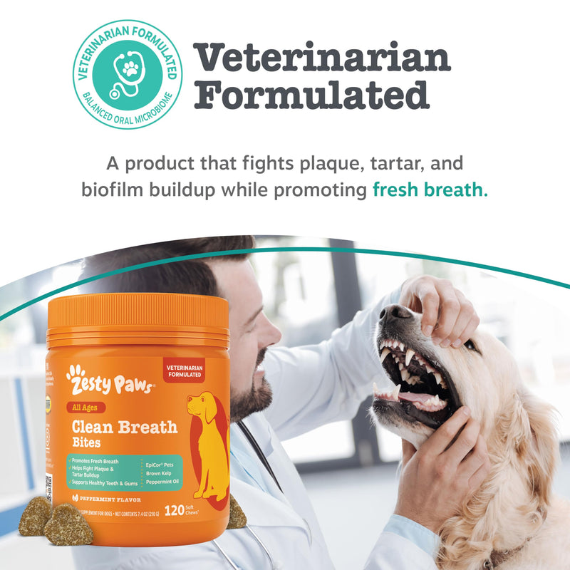 Zesty Paws Clean Breath Dental Chews for Dogs - Dog Breath Freshener + Fights Plaque & Tartar - Dental Chew with Peppermint Oil + Brown Kelp, Green Tea Extract - Teeth, Gum & Oral Health Support 120 Count (Pack of 1) - PawsPlanet Australia