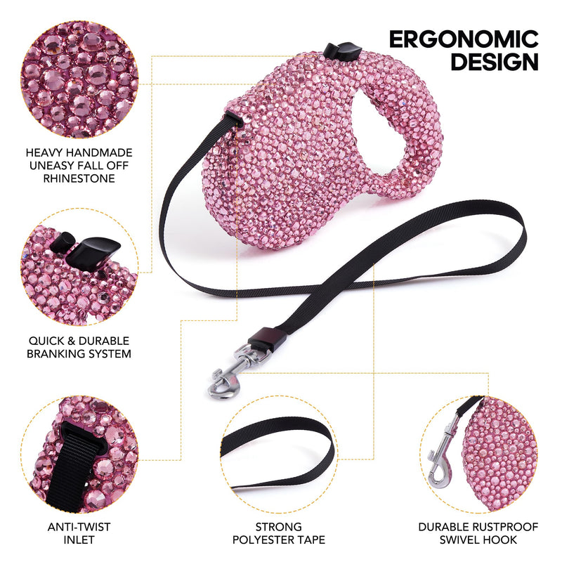 Sparkle Retractable Dog Leash,Pink Rhinestone Pet Walking Leash for Small Medium Dog Cat,Bling Small Puppy leash,Durable 16 ft Strong Nylon Tape,360°Tangle-Free,One-Handed Brake, Pause, Lock - PawsPlanet Australia