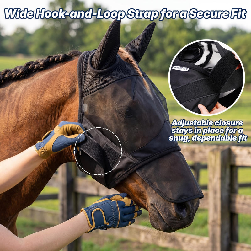 Horse Fly Mask with Ears and Detachable Nose Cover, UV Protection Breathable Mesh Equine Mask for Turnout & Training, Extra-Wide Strap for Sensitive Eyes, Adjustable (Black, L-Horse) BLACK