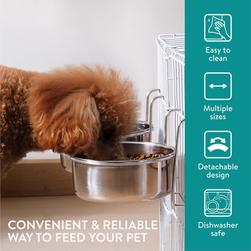 Navaris Cage Hanging Stainless Steel 5.5" (14cm) Bowl Set of 2 - Durable & Rust Resistant - Clip On Pet Crate Food & Water Dish - No Spill Metal Dog Bowls - for Puppy Cats and More 2x 14cm metallic silver - PawsPlanet Australia
