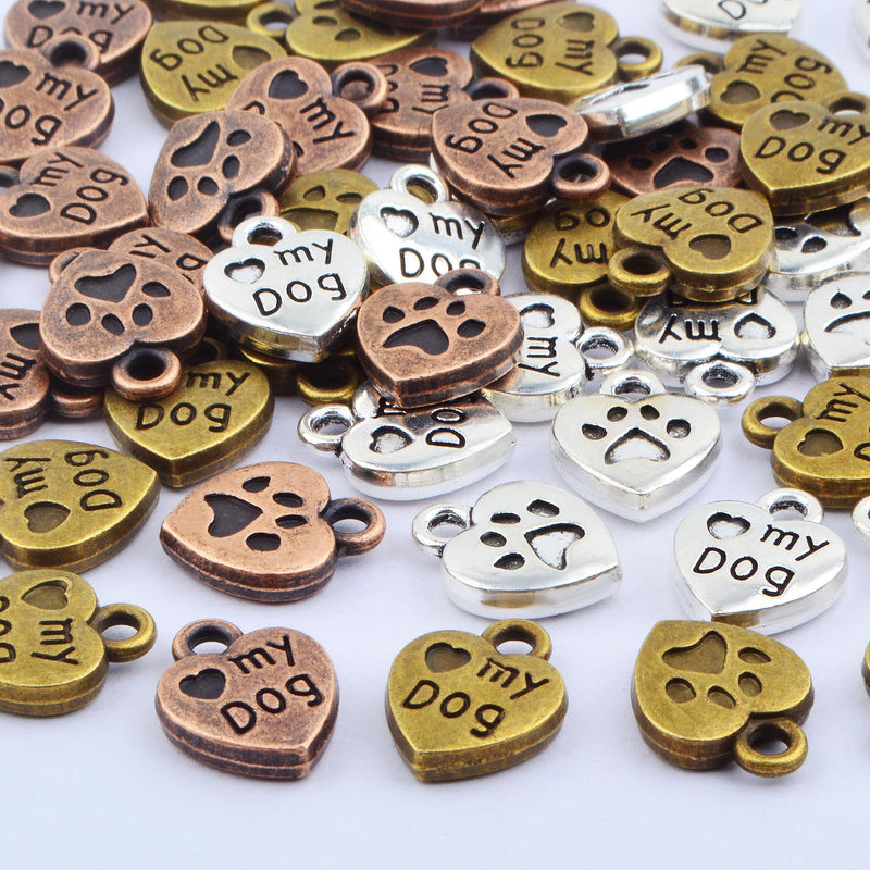 60pcs Love My Dog Lettering Word Charms Tibetan Alloy Heart Dog Paw Print Pendants Double-Sided Animal Pet Puppy Footprint Charms for DIY Necklace Bracelet Jewelry Making, 3 Colors - PawsPlanet Australia