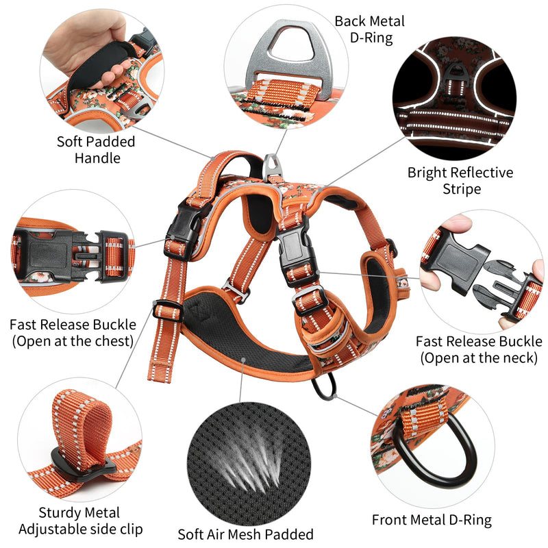 Timos Dog Harness, No Pull Dogs Harness 3 Snap Buckles Adjustable Reflective No Choke Pet Vest for Small Dog with Soft Padded Control Training Handle for Outdoor Training,Flower Orange, S Small (Pack of 1) Normal-Flower Orange - PawsPlanet Australia