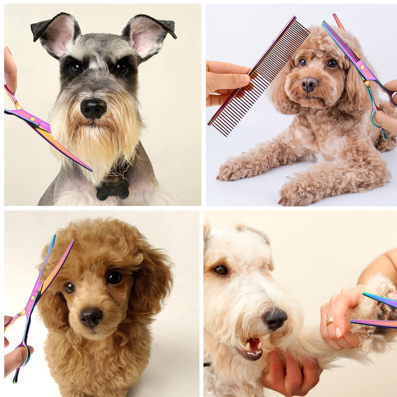 Dog Scissors for Grooming with Safety Blunt Tip, Dog Grooming Scissors Set for Pets, Professional 7 in 1 Grooming Scissors for Dogs and Cats - 6CR Coated Steel (Rainbow) Rainbow - PawsPlanet Australia