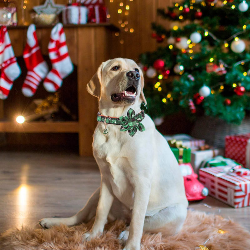 ADOGGYGO Christmas Dog Collar with Removable Flower, Classic Buffalo Plaid Snowflake Pet Xmas Collar, Adjustable Red Green Christmas Collars for Large Dogs (Large) Floral - PawsPlanet Australia