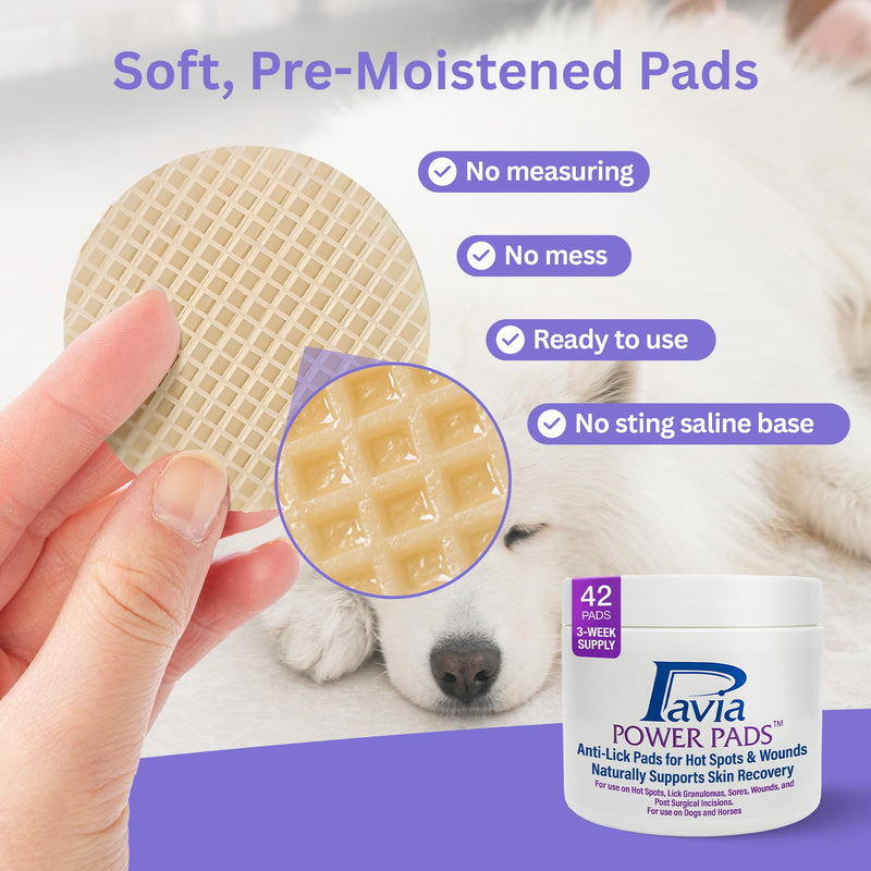 Pavia Power Pads | Natural Anti-Lick Healing Pads for Dogs and Horses | Prevents Licking and Supports Healing of Hot Spots, Sores, Wounds & Incisions | Propolis & Oregano Oil Formula | 42 Pads