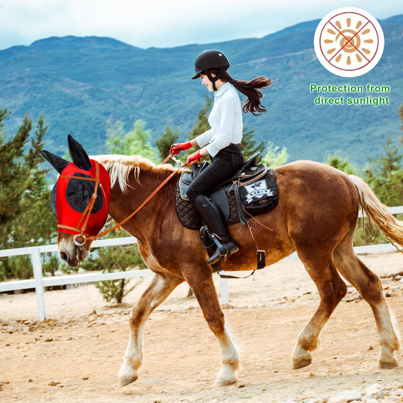 Horse Fly Mask with Ears, Comfortable Fit Stretch Fabric with UV Protection Soft on Skin Breathability for Small/Medium Size Horses (Red) Red Large (For 13.2-15.2 hand horse) - PawsPlanet Australia