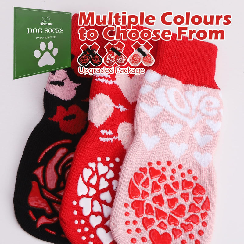 EXPAWLORER Dog Socks to Prevent Licking Paws, Valentine's Day 4 Pcs Anti Slip Dog Socks with Grippers, Dog Shoes for Hardwood Floors, Dog Booties for Small Medium Large Senior Dogs, Red M