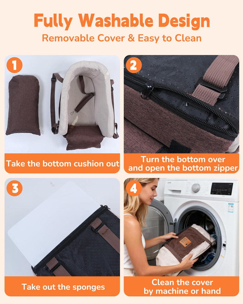 JZXOIVA Console Dog Car Seat & Travel Bed for Small/Medium Dogs, Booster Dog Car Seat with Safety Tether, Non-Slip Base, Washable Cover, Front or Back Seat Pet Carrier Bed, Brown - PawsPlanet Australia