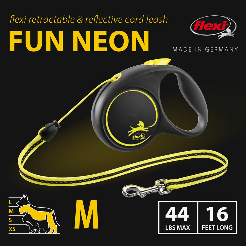 FLEXI New Fun Neon Retractable Dog Leash, Comfortable and Stylish, Medium - Cord, 16-Feet, Black with Neon, up to 44 lbs Medium - Cord - 16ft - PawsPlanet Australia