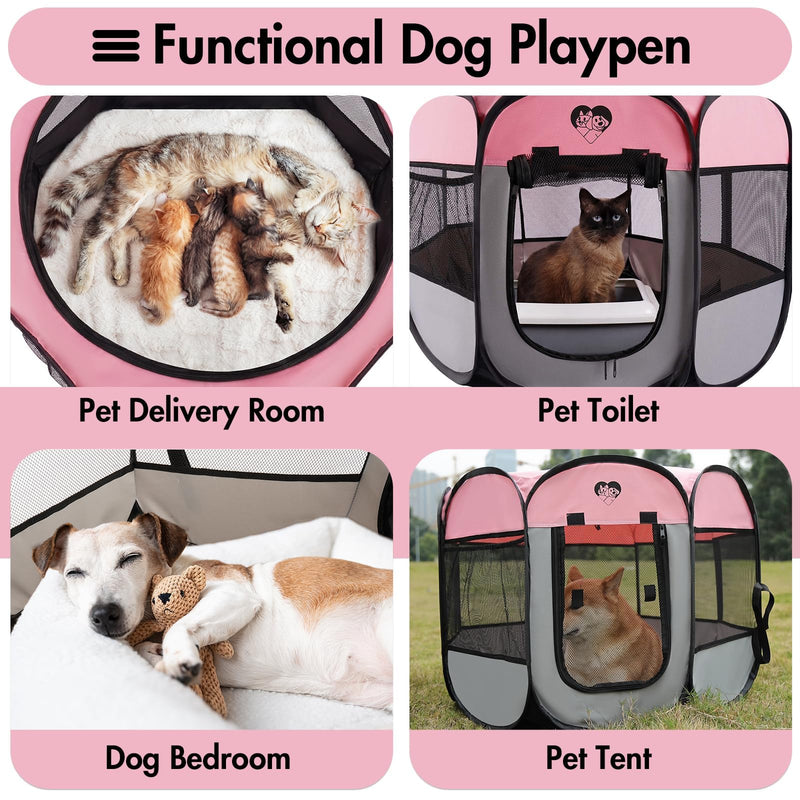 Portable Puppy Playpen for Small Dog Cat, Pop up Dog Crate Kennel Indoor/Outdoor, Pet Tent Cage with Carrying Bag for Kitten, Rabbits Pink S