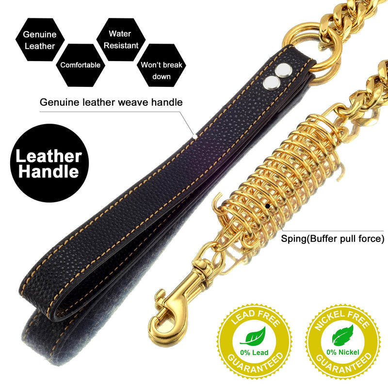 Pradog Dog Chain Leash Dog Heavy Duty Strong Chew Proof 19mm 2ft 3ft 4ft 18K Gold Chrome Stainless Steel Cuban Link Chain Labor-Saving Spring with Leather Handle for Medium Large Dogs(3FT) 3.0 FT ( For S, M, L Dog) - PawsPlanet Australia