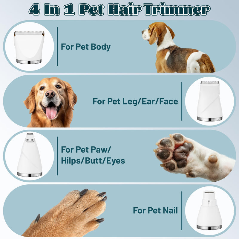 MALLMALL6 4 in 1 Dog Grooming Kit, High Performance 4 Hours Battery Life Professional Pet Clipper Set for Thick Fur, 2 Speed Low Noise Cat Shaver Paw Trimmer for Home Pet Grooming Shop White - PawsPlanet Australia