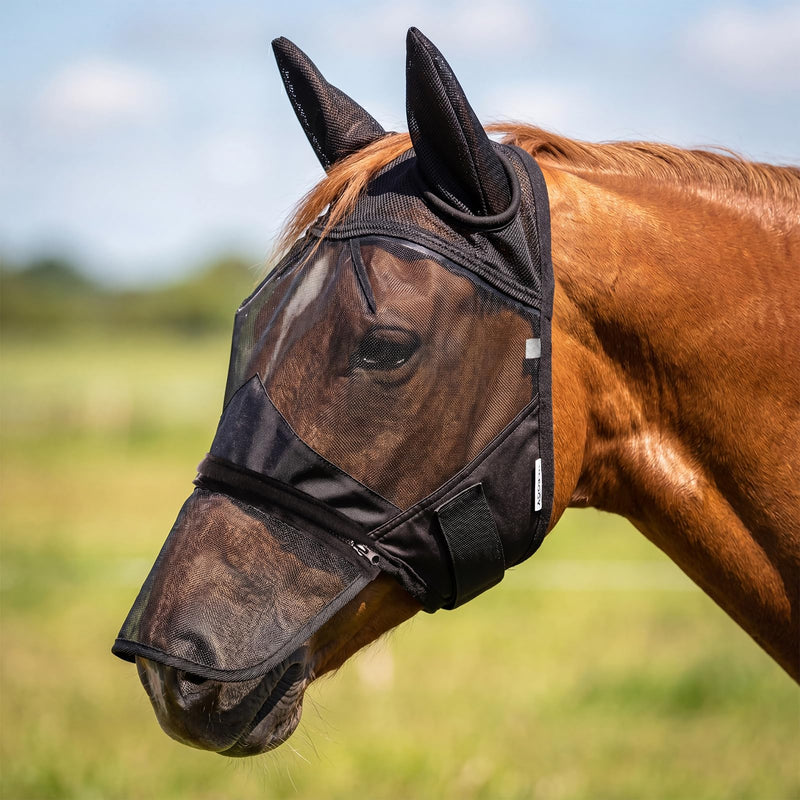 Horse Fly Mask with Ears and Detachable Nose Cover, UV Protection Breathable Mesh Equine Mask for Turnout & Training, Extra-Wide Strap for Sensitive Eyes, Adjustable (Black, L-Horse) BLACK