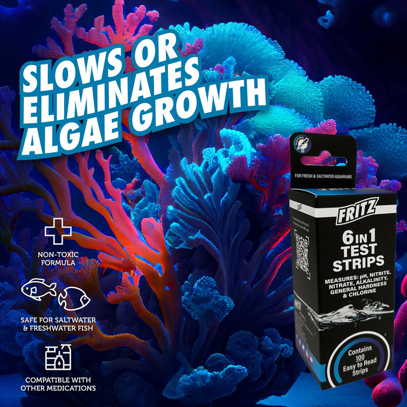 Fritz 6 in 1 Aquarium Test Strips - Monitor Nitrates, Nitrites, Water Hardness, Chlorine, Alkalinity and pH Level - 100 Count - PawsPlanet Australia