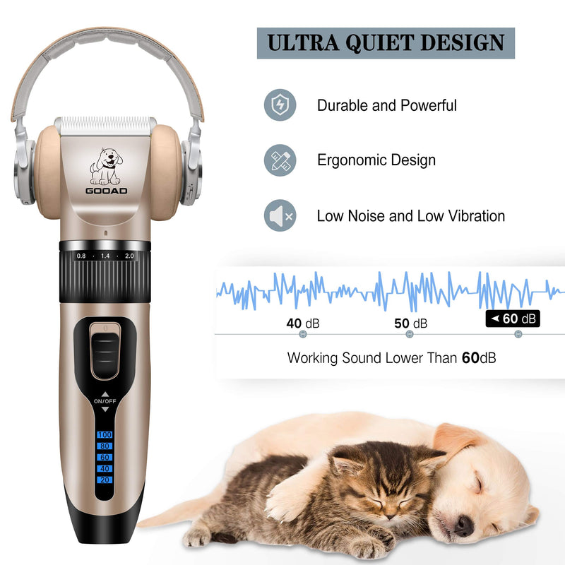 Dog Clippers Grooming Kit and Paw Trimmer,Cordless,Low Noise, Electric Quiet,Rechargeable, Dog Trimmer Grooming Tool, Pet Hair Clippers for Thick Coats,Shaver for Small and Large Dogs&Cats Gold