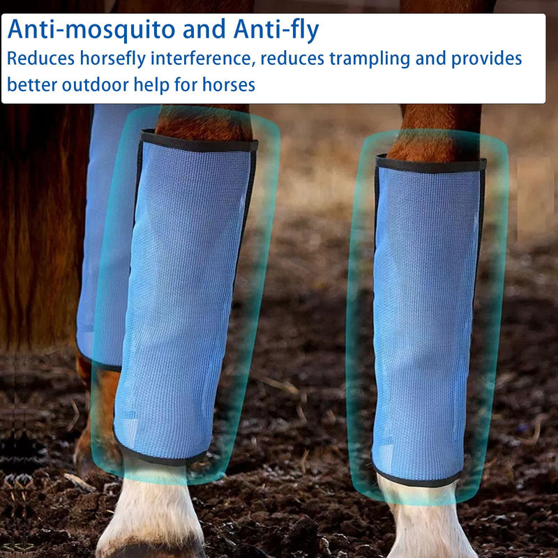 Horse Fly Protection Boots with Leather Frame, Mesh Leg Wraps for for Adult Horses and Donkeys, Set of 4 (Blue, L) BLUE
