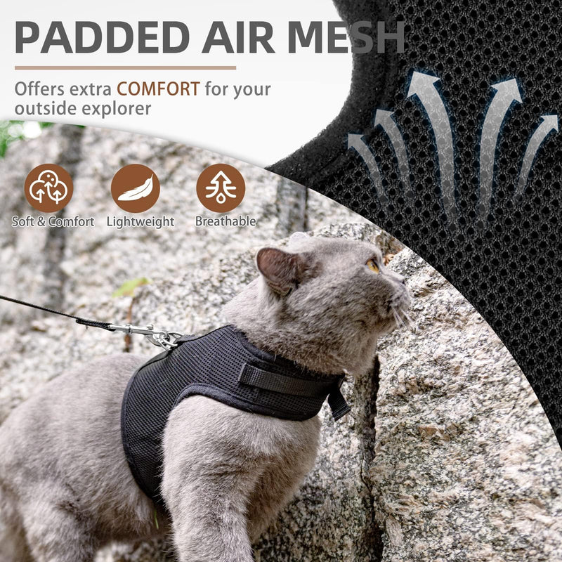 PUPTECK Soft Mesh Cat Vest Harness and Leash Set Puppy Padded Pet Harnesses Escape Proof for Cats Small Dogs Rabbits Bunny, Black Large L(NECK 8.5"-10.5", CHEST 12.5"-15")