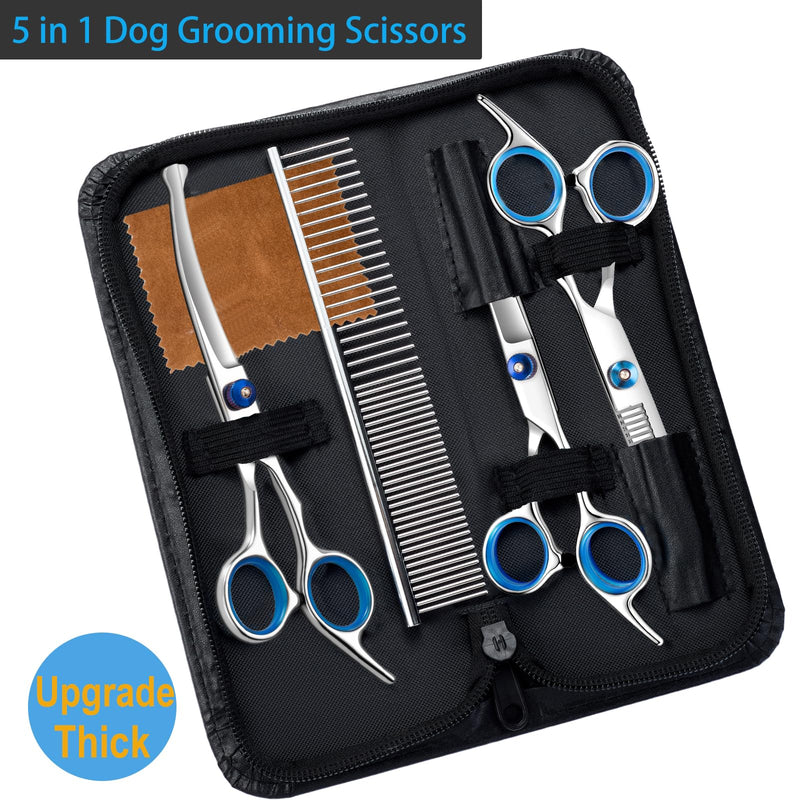 5 in 1 Upgraded Thicken Dog Grooming Scissors, Professional Dog Scissors for Grooming with Safety Round Tips, Lengnoyp Stainless Steel Thinning Shears, Pet Cat Shears for Grooming Kit - PawsPlanet Australia