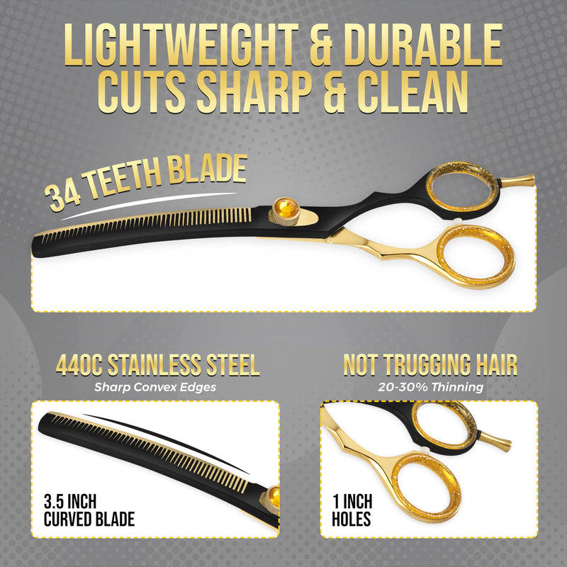 ZAVRIX Professional Dog Grooming Scissors – 7.5” Curved Thinning Shears with 34 Teeth, Pet Chunkers for Dogs & Cats, Premium 440C Stainless Steel Grooming Tools (Golden Black Curved Thinning Scissor) Golden Black Curved Thinning Scissor - PawsPlanet Australia