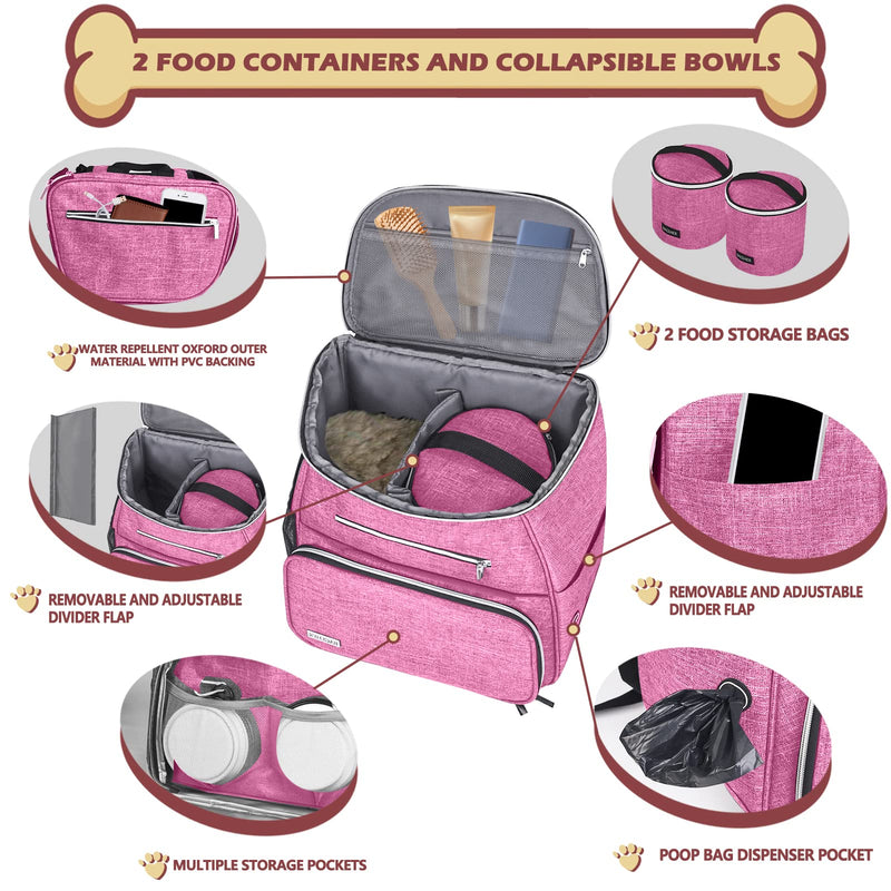 BAGLHER丨Dog Travel Bag Backpack, Airline Approved Pet Supplies Backpack, Dog Travel Backpack with 2 Silicone Collapsible Bowls and 2 Food Baskets Pink - PawsPlanet Australia
