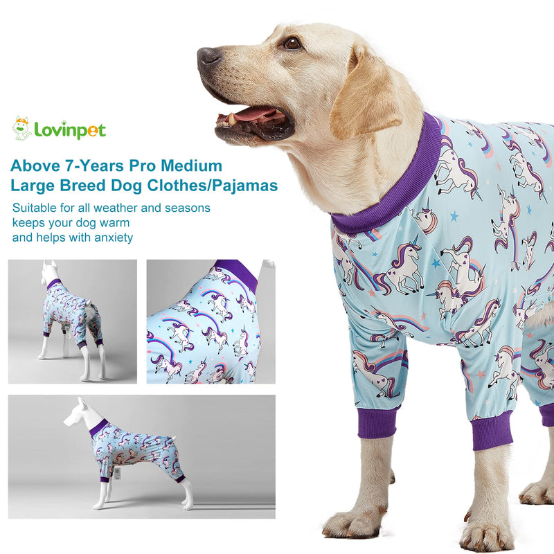 LovinPet Large Dog Pajamas PJS, Wound Care/Post Surgical Recovery Shirt for Big Dogs, Lightweight Stretchy Pullover Dog Onesie, Stop Shedding for Dogs, Magical Unicorn Rainbow Print, Pet PJ's, L Purple - PawsPlanet Australia