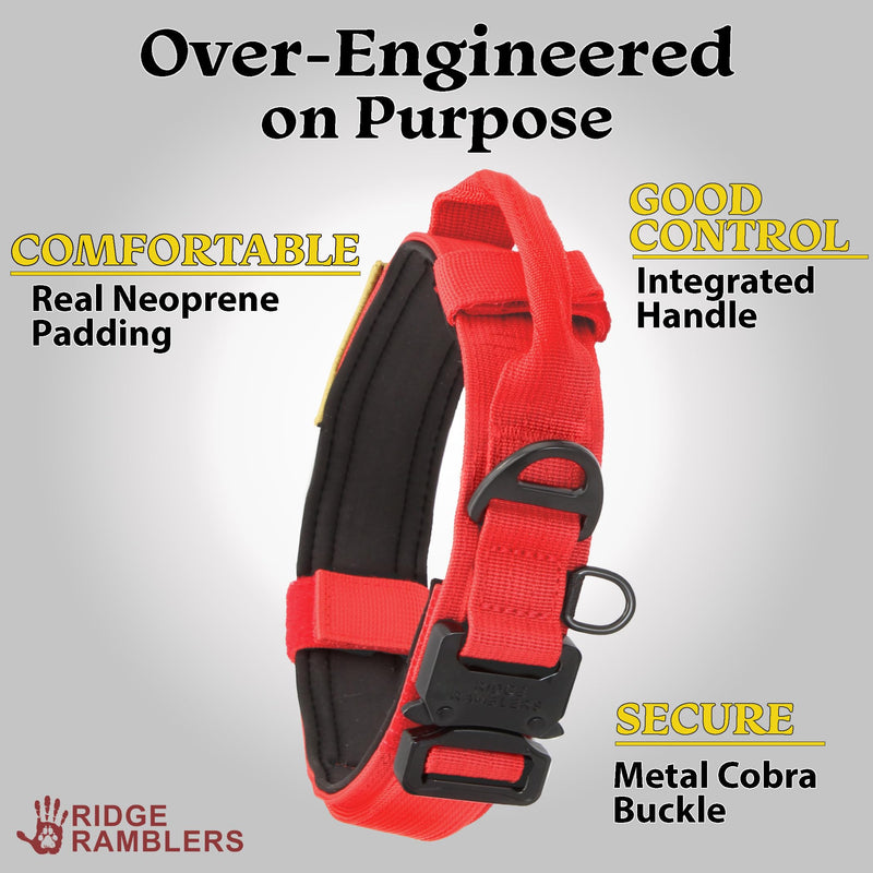 Advanced Red Tactical Dog Collar with Handle - Heavy Duty, Thick Dog Collar Made with Lightweight Metal Hardware and Ultra-soft Neoprene Padding - Military Dog Collar for Medium, Large, X-large Breeds XL (1.5in x 21.0in - 26.0in) Fire Brick Red - PawsPlanet Australia