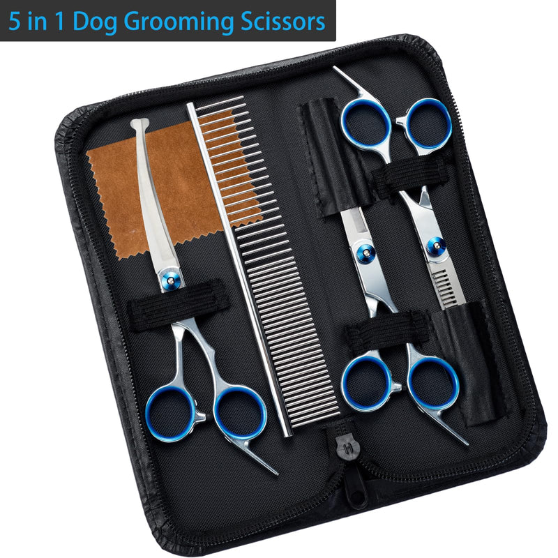 5 in 1 Premium Dog Grooming Scissors, Professional Dog Scissors for Grooming with Safety Round Tips, Lengnoyp Stainless Steel Thinning Shears, Dog Pet Cat Shears for Grooming Kit - PawsPlanet Australia