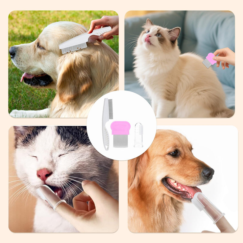 6 Pack Flea Comb for Cats & Dogs - Self Cleaning Pet Comb Grooming Brush with Long & Short Stainless Steel Teeth for Shedding Pet Hair Removal Comb with Pets Toothbrush Finger Brushes (1set) 1set - PawsPlanet Australia