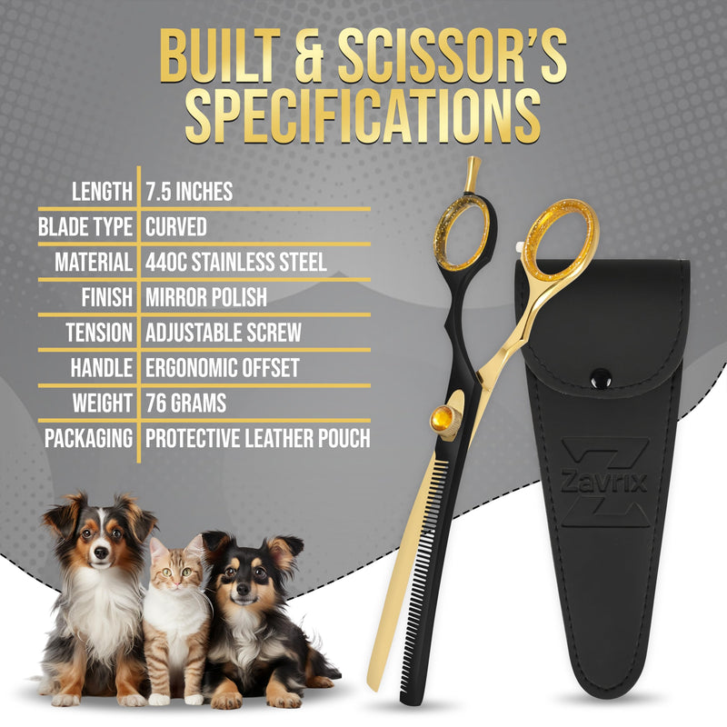 ZAVRIX Professional Dog Grooming Scissors – 7.5” Curved Thinning Shears with 34 Teeth, Pet Chunkers for Dogs & Cats, Premium 440C Stainless Steel Grooming Tools (Golden Black Curved Thinning Scissor) Golden Black Curved Thinning Scissor - PawsPlanet Australia