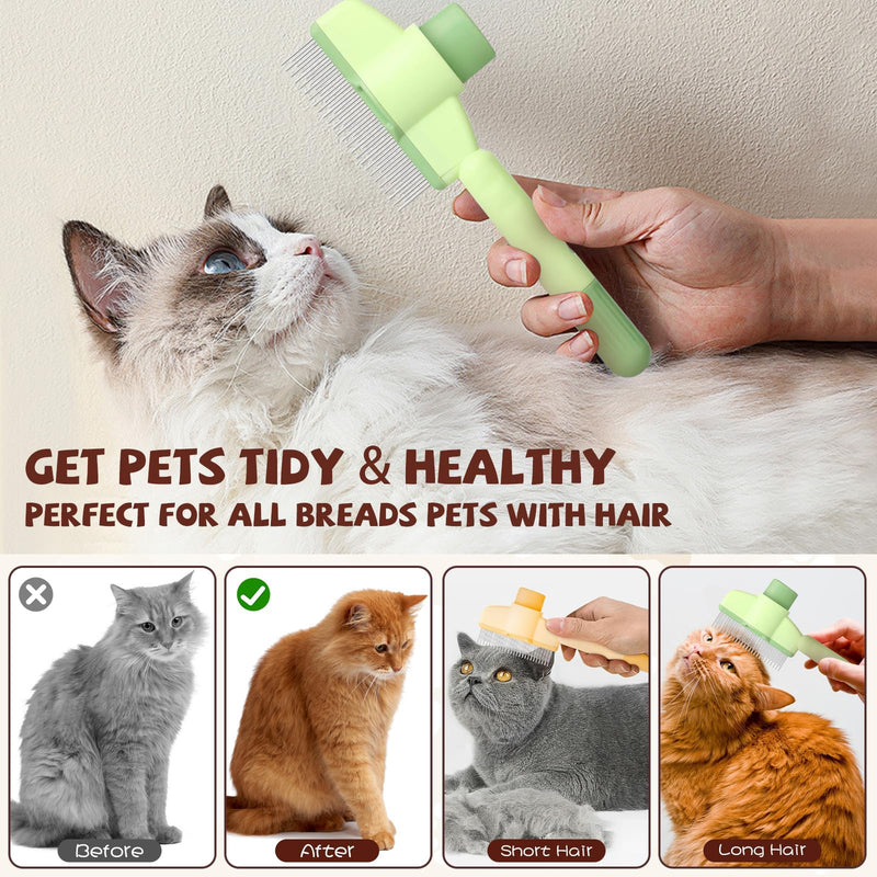 Zen Brush for Cats & Dogs - 2-Pack Self-Cleaning Pet Grooming Brush with Stainless Steel Teeth & Release Button, Hair Removal Tool for All Coat Types (Green+Yellow) - PawsPlanet Australia