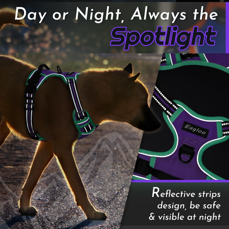Eagloo Dog Harness Medium, No Pull Harness with Front Back Clips, Adjustable Dog Walking Vest, Soft Padded Pet Vest, Reflective No-Choke Breathable with Easy Control Handle, Purple & Green, M M (Pack of 1) - PawsPlanet Australia