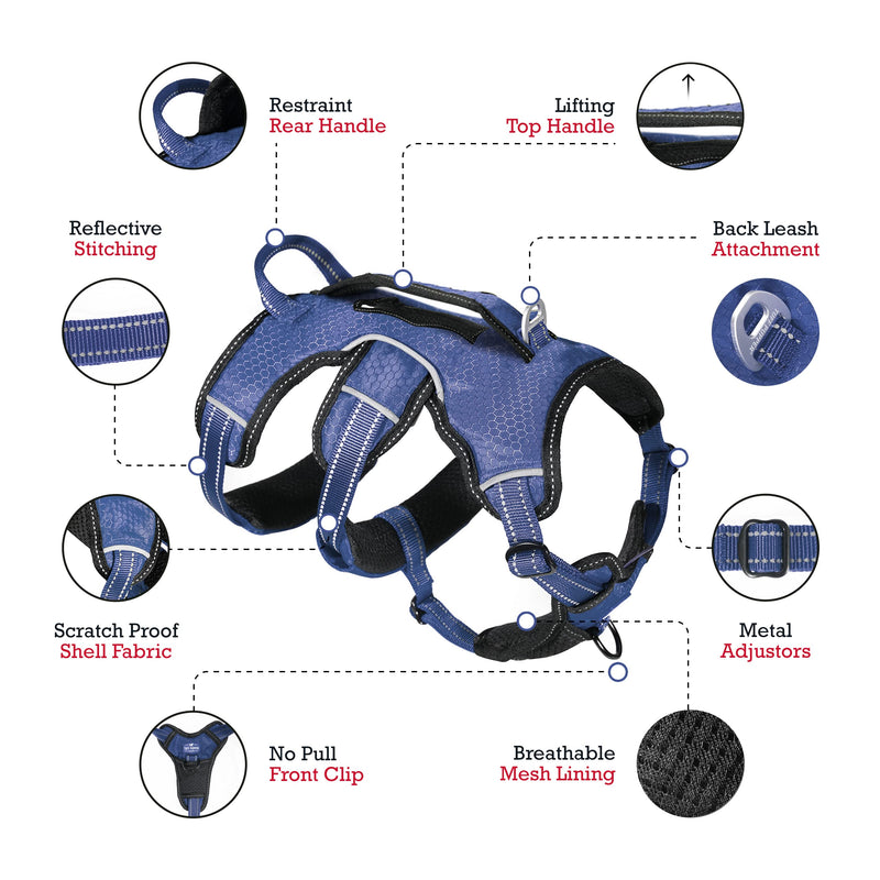 Tuff Pupper Updated for 2024 - Tracker No Escape Dog Harness | Dual Escape Proof Leash Attachments | 5 Point Adjustable Fit Harness for Dogs | Padded Dog Harness for Comfort | Handle Dog Lift Harness Large (Neck: 20-25" , Chest: 25-33") Midnight Blue - PawsPlanet Australia
