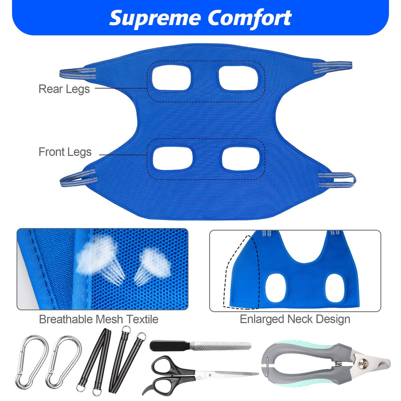 Pet Grooming Hammock Harness for Cats & XS Small Dogs, Dog Sling for Cutting Nails, Dog Hanging Holder Hanger for Nail Trimming with Nail Clippers, Nail File, Scissors XS for Cats & Tiny Dogs 15LB Blue - PawsPlanet Australia