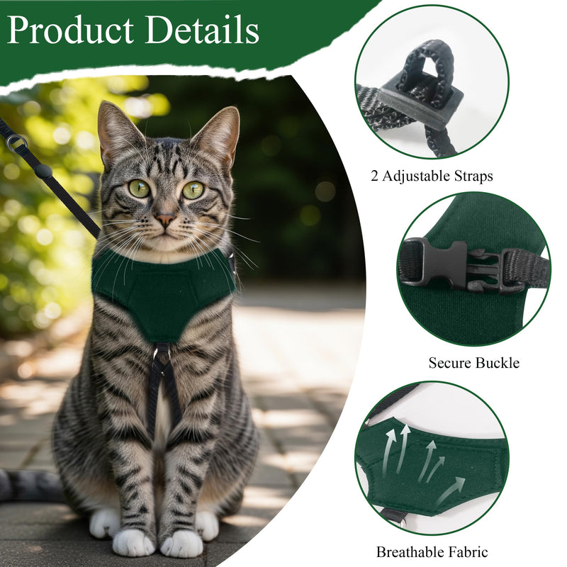 A1HC Escape Proof Cat Harness and Leash - Soft Adjustable Vest, Comfortable Mesh and Long Strips with Air Tag Pocket, Easy Control, Safe Walking Harness for Cats & Kittens - Dark Green (Small) Small - PawsPlanet Australia