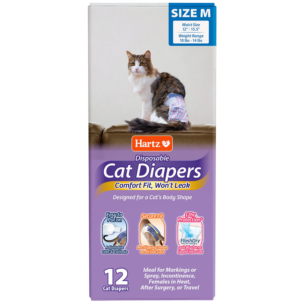 Hartz Disposable Cat Diapers, Size M 12 Count, Comfortable & Secure Fit, Easy to Put On Medium (M)