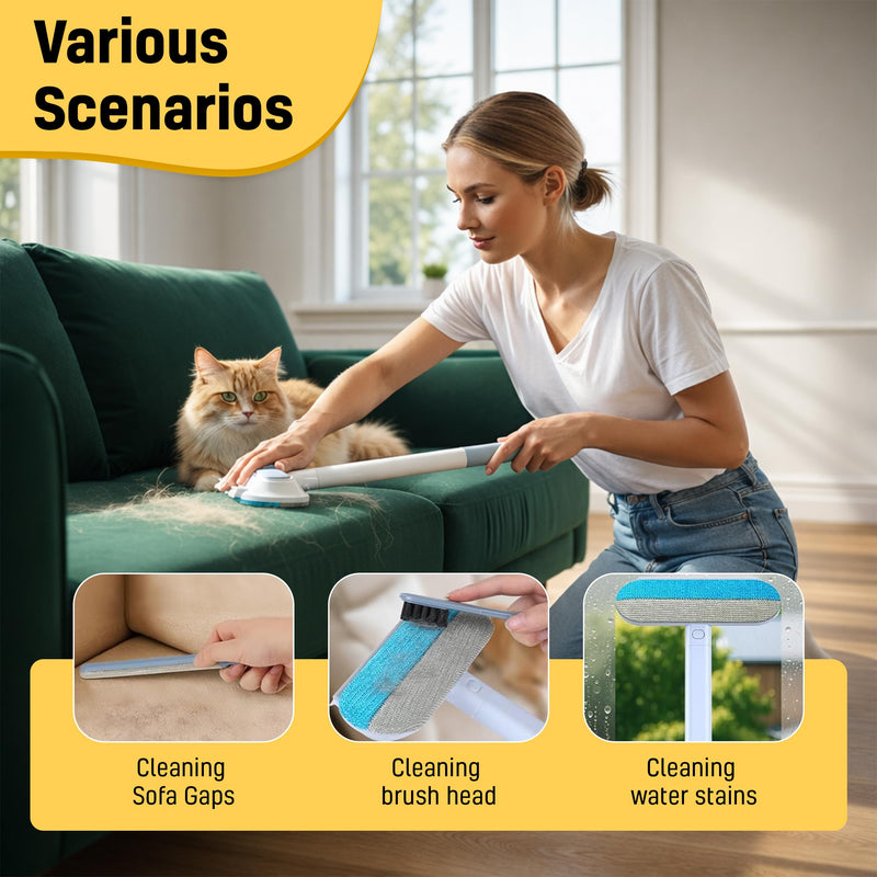Pet Hair Removal Tool for Dogs & Cats (19" Long Brush + Gloves), Electrostatic Reusable Pet Hair Remover, Five Finger Magic Brush with Adjustable Handle for Couch, Carpet, Bedding, Clothes Yellow