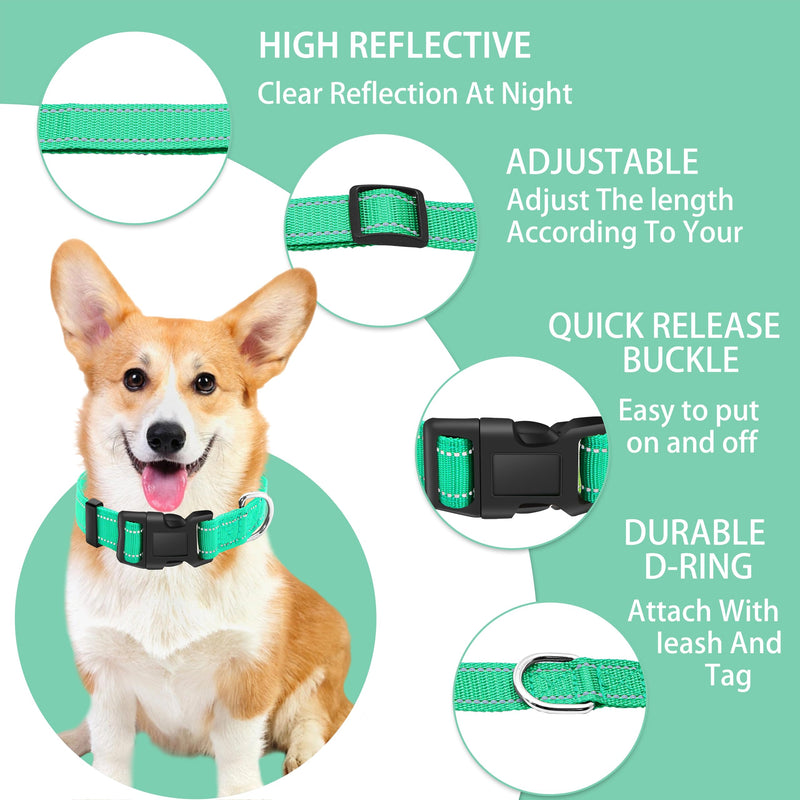 Reflective Dog Collar with Safety Locking Buckle, Adjustable Soft Breathable Nylon Collars for Small, Medium and Large Dogs(Collar+Leash XS Width 5/8" Turquoise) X-Small (Width 5/8")