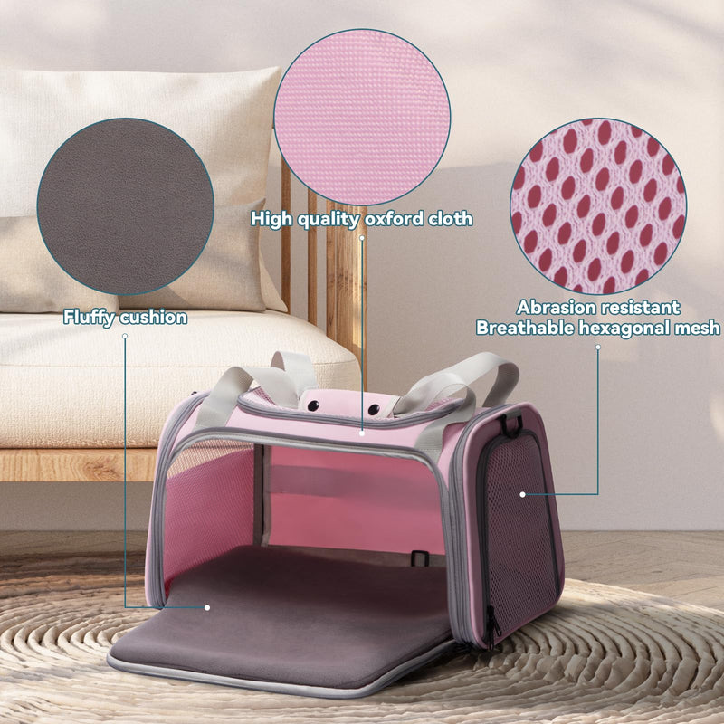 PETSFIT Cat Carrier, Pet Carrier Airline Approved, Cat Travel Carrier for Small and Medium Cats Under 12 Lbs, Soft Sided Kitten Carrier with Cozy Extendable Mat, Cat Carrier Bag, Pink 17.0"L x 10.3"W x 10.3"H - PawsPlanet Australia
