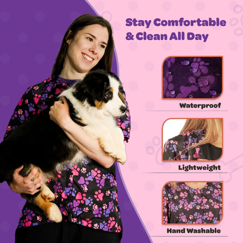 Ladybird Line 725 Pink Purple Paw Waterproof Grooming Smock, Hair Bleach Resistant, Solid Black Back, Adjustable Back Belt Medium - PawsPlanet Australia