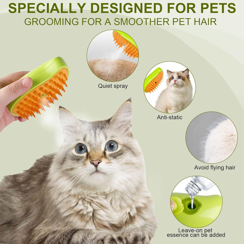 Cat Steam Brush 3 in 1, Silicone Massage Grooming & Pet Hair Remover, Spritz Defur Comb for Cats Dogs, Steamy Brush, Misting Pets Grooming Comb, Pet Hair Brushes Indoor Steamer by ALQMIA (Green) Green - PawsPlanet Australia