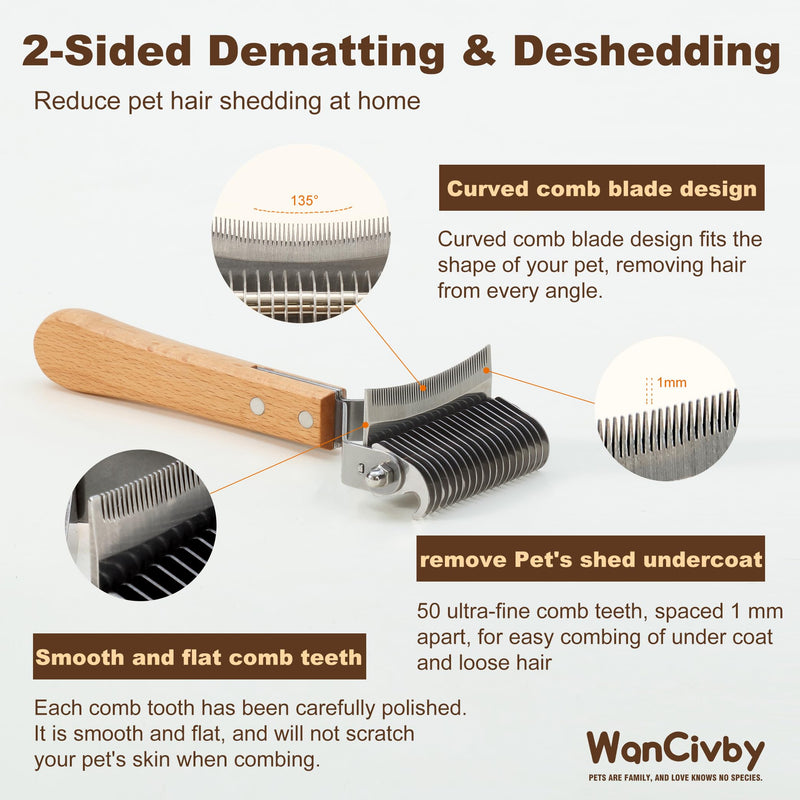 3-in-1Dematting & Deshedding Comb Undercoat Rake for Cats& Dogs，Detangling Matted Fur & Hair Remover Tool Pet Grooming Rake for Shedding and Dematting，Ergonomic beech wood handle (Square Handle) Square Handle - PawsPlanet Australia