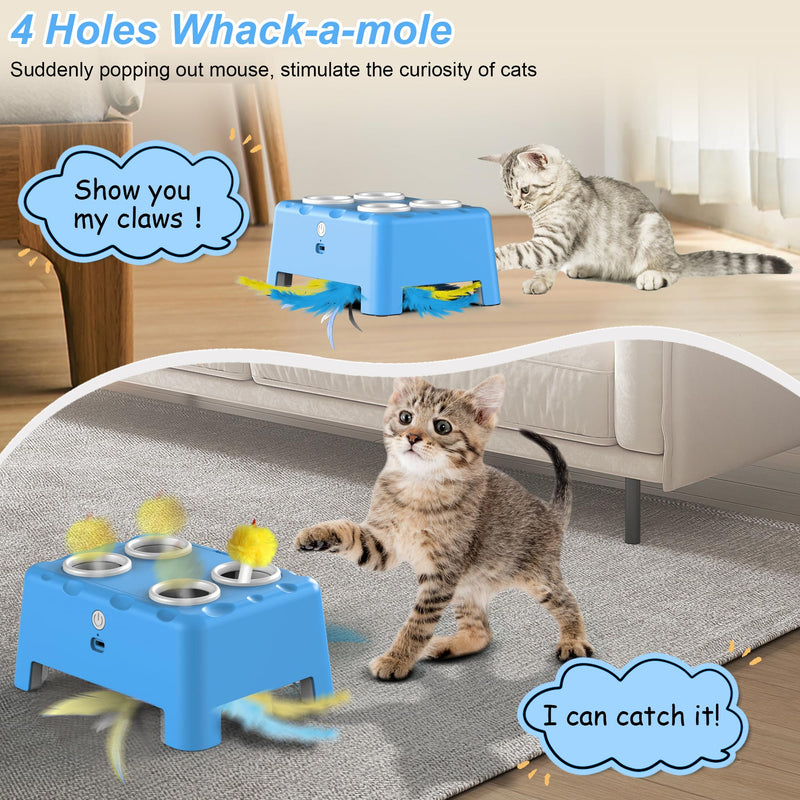 Interactive Cat Toys, 2-in-1 Automatic Cat Toy, 4 Holes Mice Whack A Mole Cat Mouse Toy with Moving Feather, Portable USB Rechargeable Electronic Kitten Toys (Blue) Blue - PawsPlanet Australia