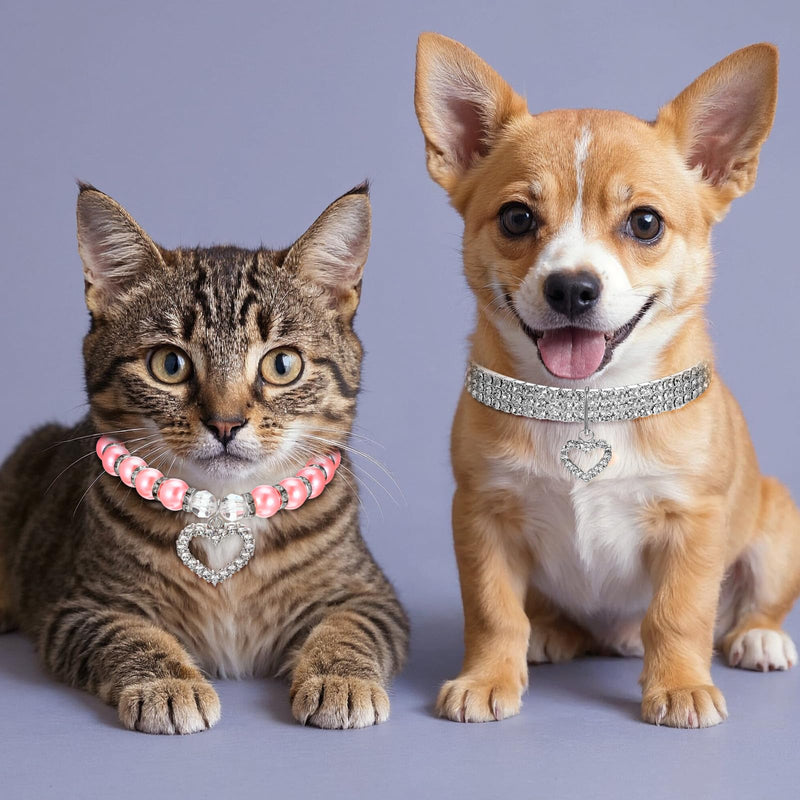 Rhinestone Dog Cat Collar Pearl Necklace Set Cute Pearl Cat Collar Adjustable Dog Necklace Collars for Small Cats Dogs Puppy (S, 2Pcs) - PawsPlanet Australia
