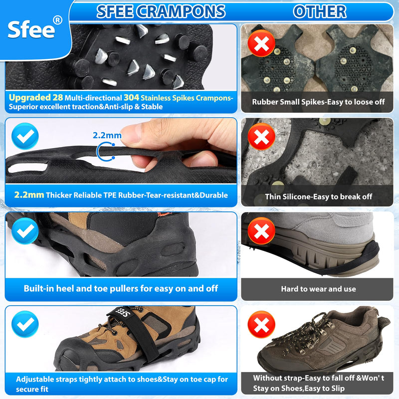Sfee Crampons Ice Cleats for Shoes and Boots, 28 Steel Shoe Spikes Ultra-Grip Ice Cleats for Men Women Non-Slip Snow Traction Ice Grippers for Shoes and Boots for Walking, Hiking, Climbing, Fishing Large - PawsPlanet Australia