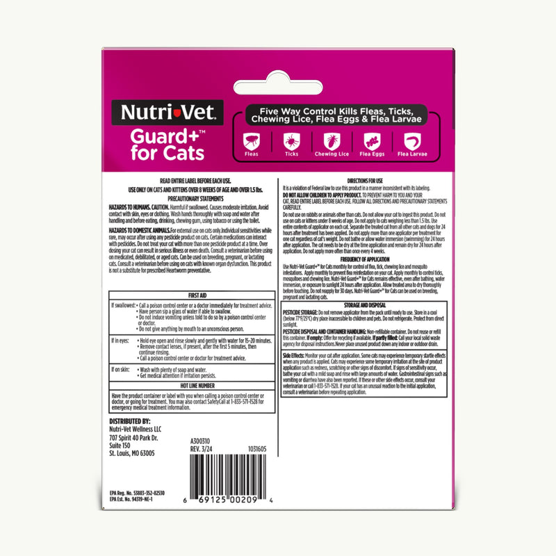 Nutri-Vet Guard+ for Cats - Flea & Tick Prevention for Cats 1.5 lbs and Up - Waterproof - 30 Days of Protection - 3 Month Supply