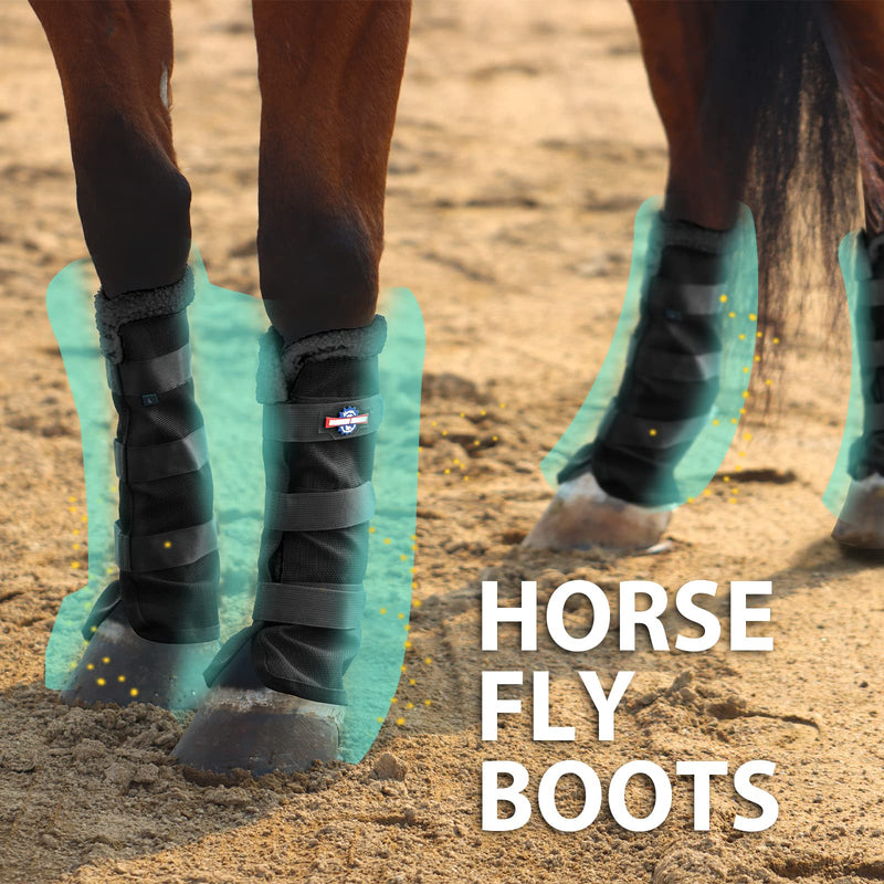 Harrison Howard Horse Fly Boots Summer Protection with Fleece Trim to Eliminate Rubbing Comfortable and Ventilating Mesh Leg Guards Set of 4 Classic Black M Cob (Medium)