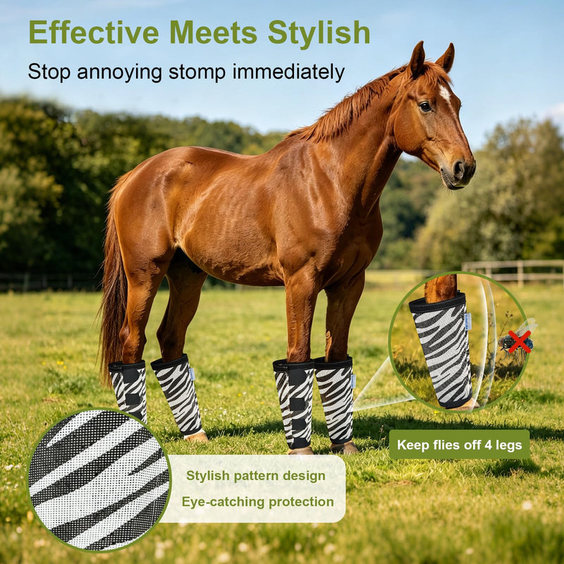 Zebra-Print Horse Fly Boots Set of 4, Soft Top Loose Fitting Leggings for Horses, Zebra Pattern Style Design, Equine Breathable Adjustable 4 Leg Wraps Socks, Reliable Leg Guards for 4 Legs Zebra set of 4