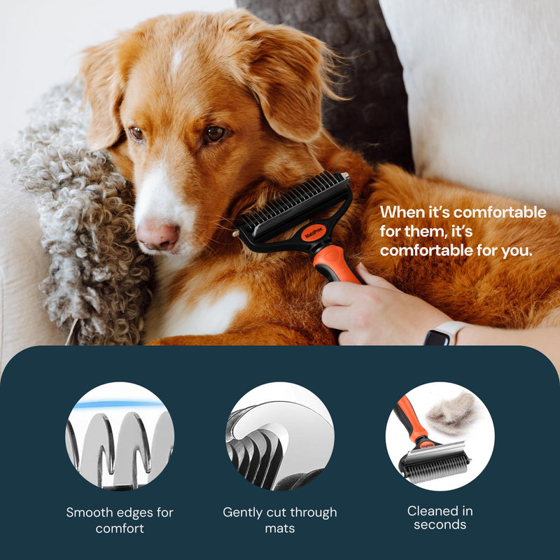 MalsiPree Dog Grooming Brush - 2 in 1 Deshedding Tool & Undercoat Rake for Long & Short-Haired Pets - Dematting Comb & Hair Deshedder Supplies (Large, Orange) for Shedding - PawsPlanet Australia