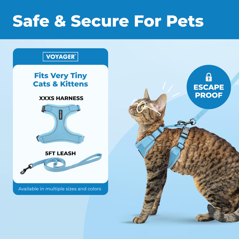 Voyager Escape-Proof Step-in Lock Cat Harness & 5ft Neoprene-Handle Leash Set All-Weather Mesh with Reflective Stitching for Small to Large Cats by Best Pet Supplies, Baby Blue (327), XXXS Baby Blue (327) XXXS (Chest: 10.5 - 13") - PawsPlanet Australia