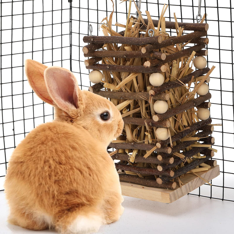 Wood Rabbit Hay Feeder, Hanging Grass Holder with 2 Hooks, Small Animals Feeding Hay Manager for Cage, Bunny Hay Feeder Rack for Chinchilla Guinea Pig Hamster Gerbil - PawsPlanet Australia
